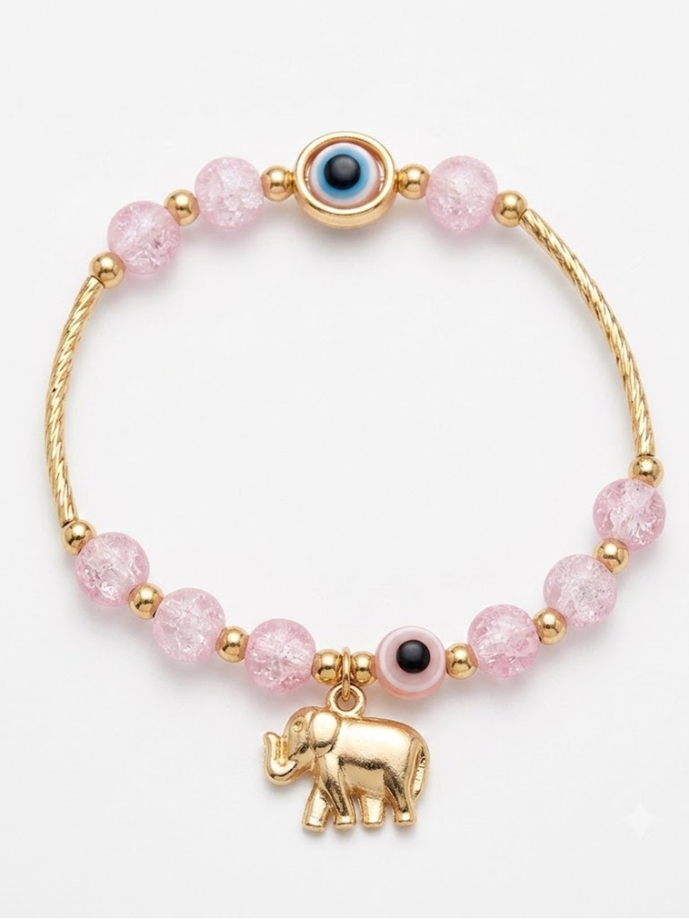 Pink and Gold Beaded Elephant Evil Eye Charm Bracelet